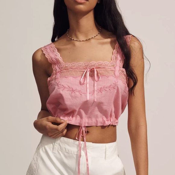 Forever That Girl Tops - Forever That Girl Lace Square-Neck Bubble Tank Top Cropped Pink Blouse M NWT